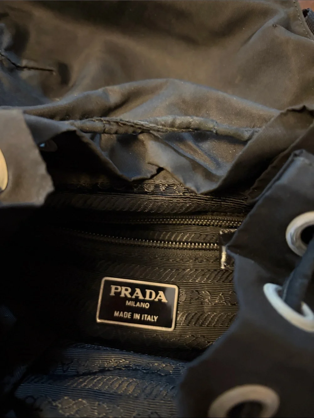 Prada Black Nylon Drawstring Backpack with Leather Trim